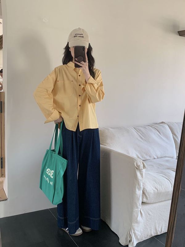 秋季简约创意口袋设计撞色扣子翻领衬衫女百搭休闲长袖上衣ZC|undefined