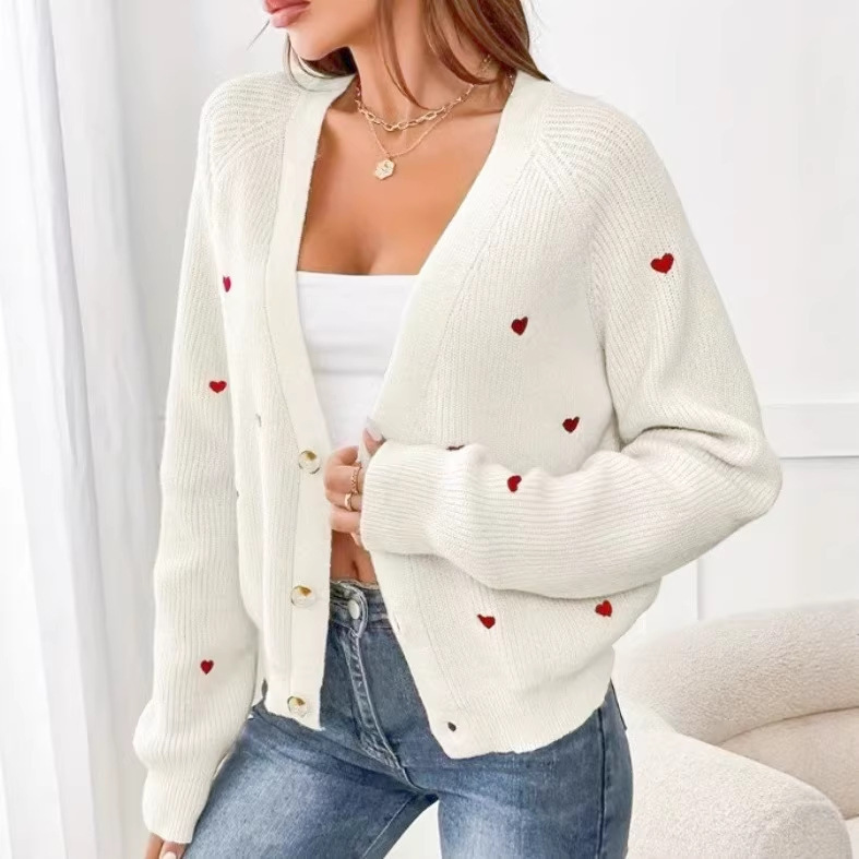 Cross-Border Foreign Trade Amazon Heart-Embroidered Knit Cardigan European and American Style Autumn and Winter Single-Breasted V-Neck Sweater Cardigan for Women