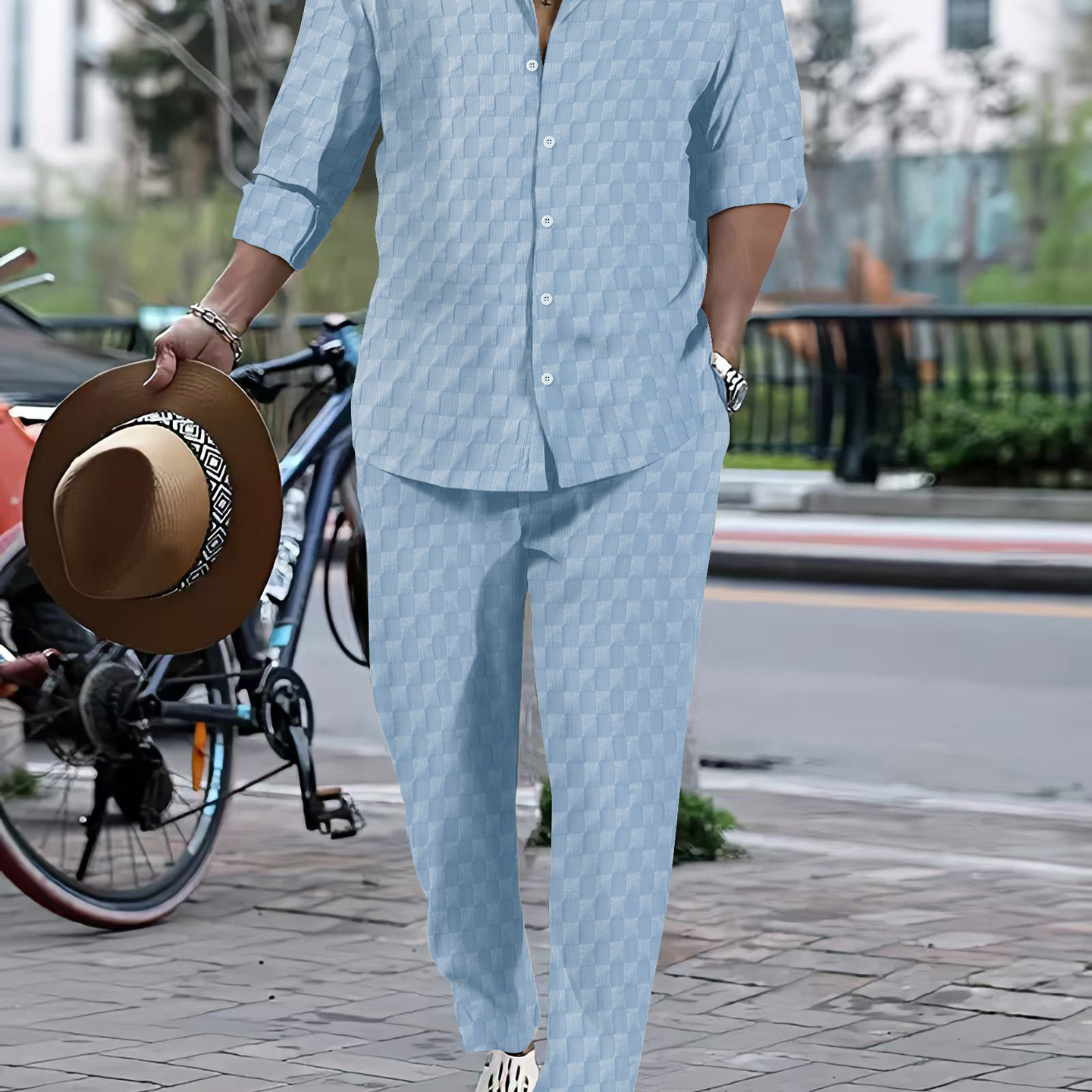 Cross-border European American Autumn Bestseller Men's Plaid Henley Collar Shirt And Trousers Trendy Casual_voghion.com