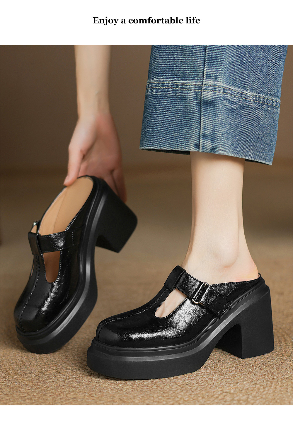 Sandal cao gót nữ đế xuồng da thật, quai hậu bít mũi, gót 10 cm — đen, Màu trắng nhạt chi tiết 9