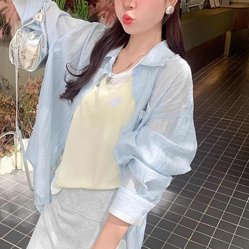 夏の炭酸水韓国風ブルー薄手長袖日焼け止めトップ女性の秋の休暇微透けシャツ|undefined