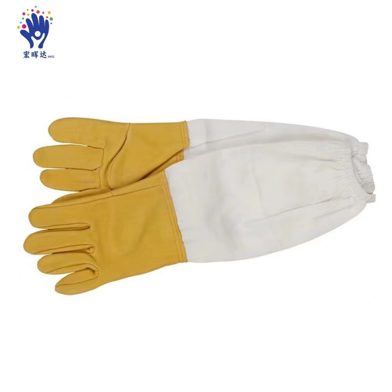 批发养蜂专用羊皮网格白布涤棉镂空透气防蛰抓蜜蜂手套烧焊