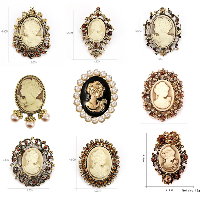 European and American fashion rhinestone beauty head brooch high sense niche retro corsage women's clothing accessories pin wholesale