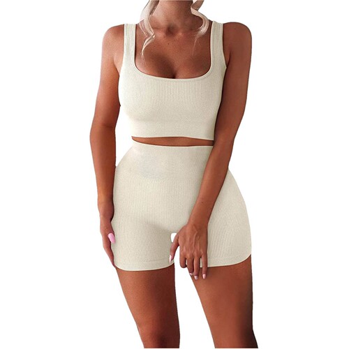 Ladies Sexy U-Neck Backless Top Two-Piece Set Ribbed Backless Top High-Waisted Shorts Yoga Wear