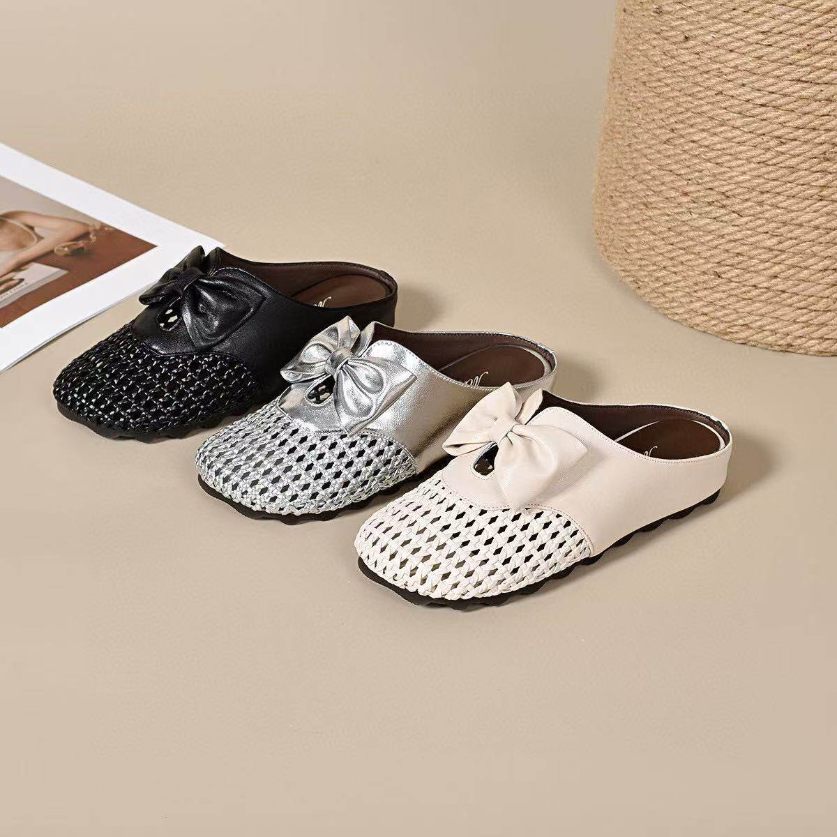 Dép sandal nữ đế bệt dệt rỗng mũi tròn nơ bướm — màu đen chi tiết 9