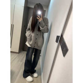 美式复古V领毛衣女2025秋冬慵懒学院风小个子开衫针织休闲外套