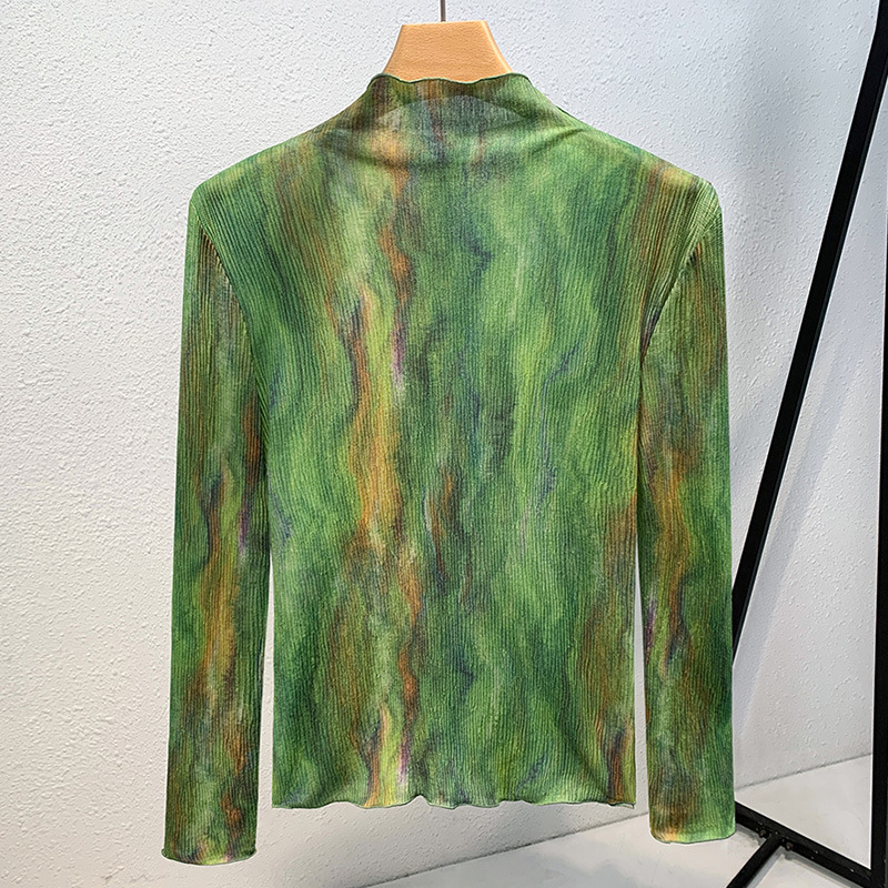2023 nueva ropa de mujer con orejas de madera estilo occidental pequeña camisa delgada cintura interior ajustada camisa de fondo de malla teñida para mujer image 3