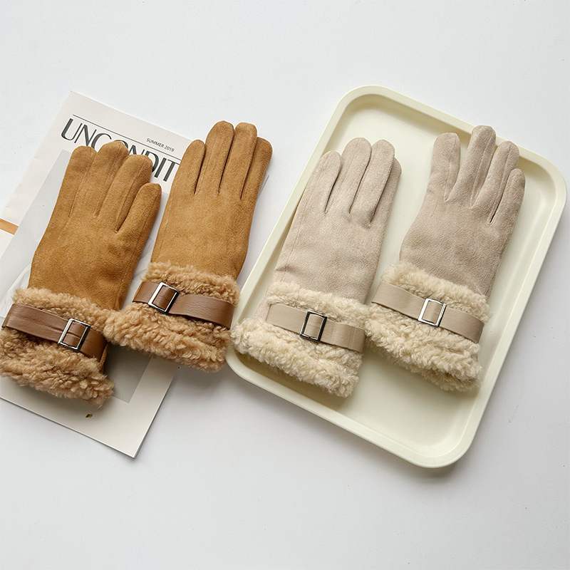 Leather buckle decorated suede finger gloves for women in autumn and winter plus velvet and thickening to keep warm and cold-proof touch screen riding electric bike