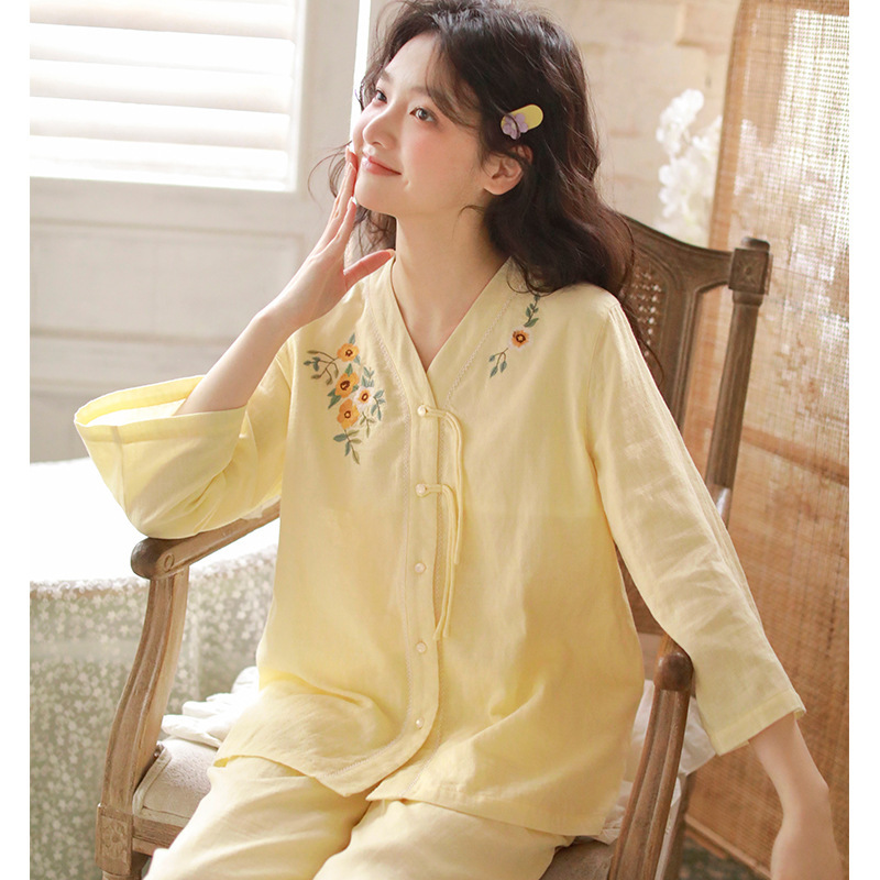 Spring and Autumn Pure Cotton Double-Layer Cotton Gauze Pajamas for Women, Embroidered V-Neck Chinese-Style Three-Quarter Sleeve Home Wear Set, in Stock 69