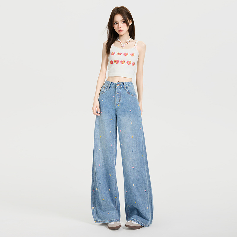 American Style Retro Flower Embroidered Wide Leg Pants 2025 Spring and Summer New Commuting Loose All-match Slimming Western Style Jeans