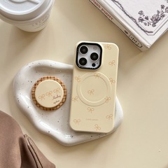 ミルクイエロー蝶結び携帯ケース適用アップル16pro菲林磁気吸殻iPhone15/14proアニメ13
