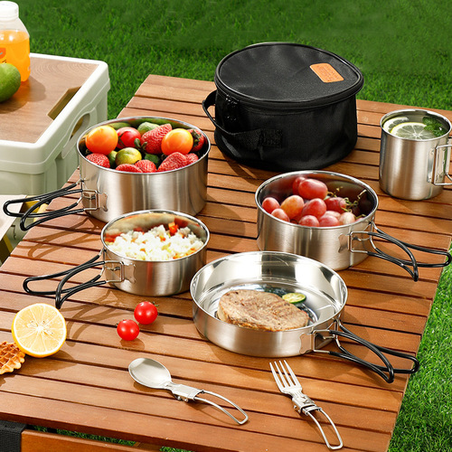 Cross-border 304 stainless steel outdoor pots, camping pots, tableware, picnic camping cookware sets, outdoor portable wholesale