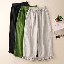 东南亚跨境春秋季大码宽松松紧腰九分休闲文艺复古花边拼接阔腿裤