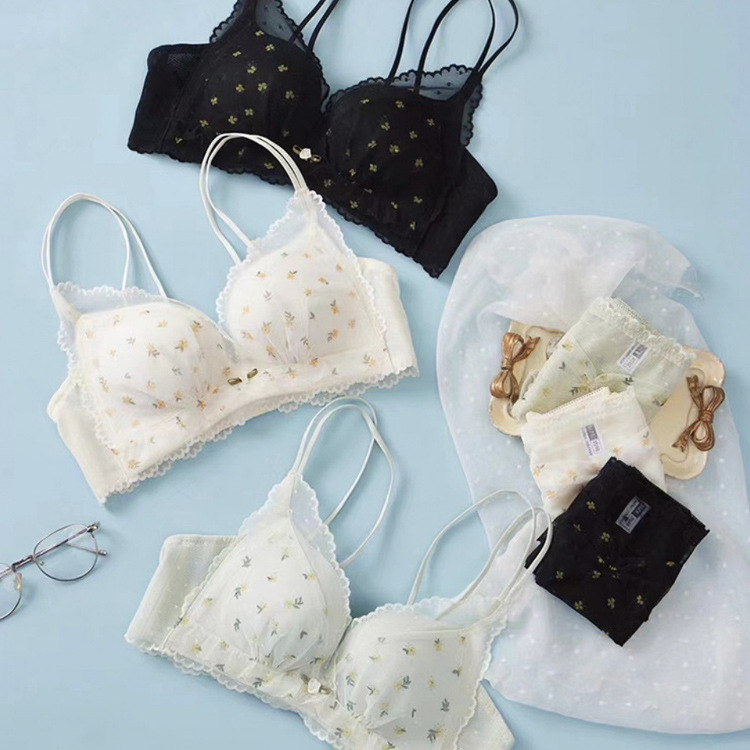8019 francés floral gasa encaje Correa delgada belleza espalda ropa interior de las mujeres cómodo inalámbrico medio Delgado sujetador transpirable traje