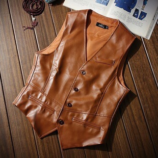 Men's Spring and Autumn New Casual Fashion Sleeveless PU Vest Men's Leather Slim Vest Western Denim Style