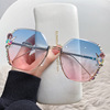 Cross-border large frame water drill sunglasses frameless sunscreen anti-UV sunglasses personality female face thin belt diamond card