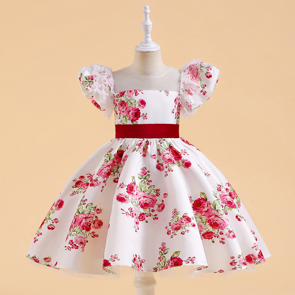 New Arrival Printed Bubble-Sleeve Ball Gown for Girls and Kids – European & American-Style Satin Mesh Lace Children's Birthday Dress