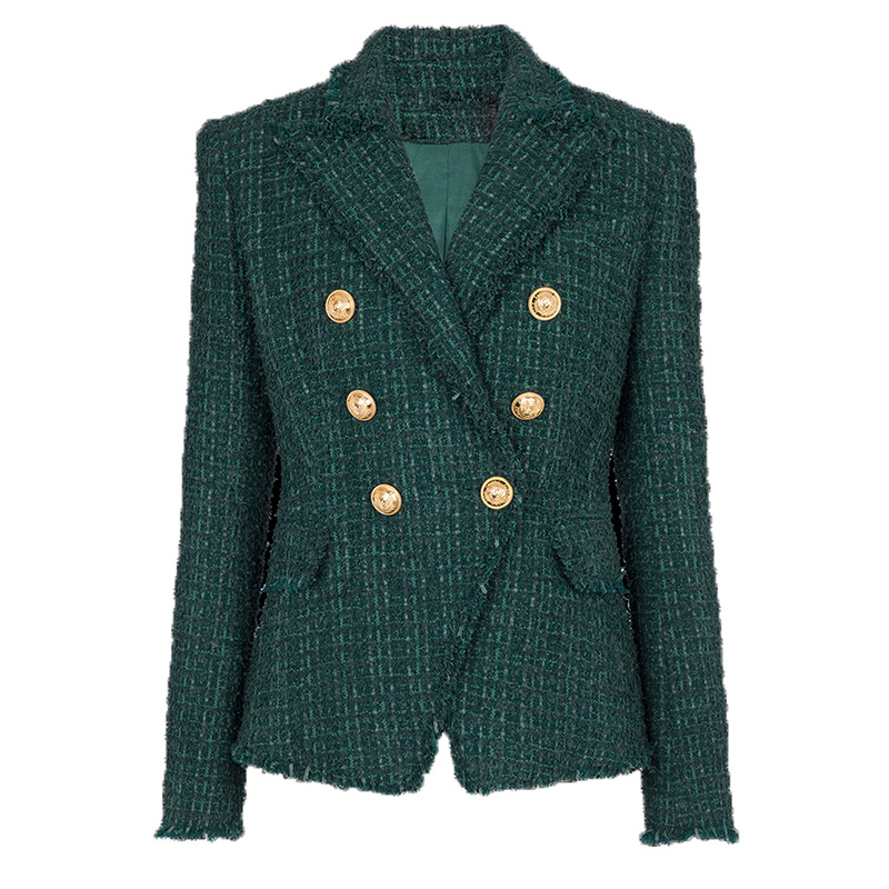 Qadın yun jaket - saçaqlı tvidd blazer, tünd yaşıl