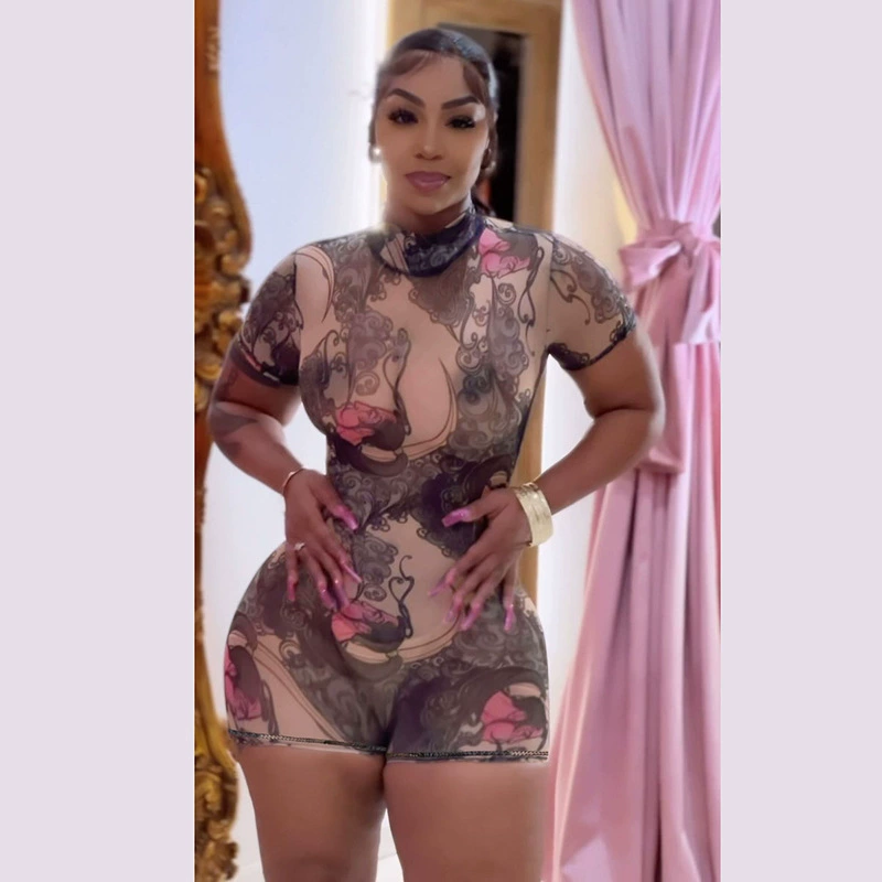 Европейский и американский ветер 2025 Летняя внешняя торговля новая мода цифровая печать сетчатая пряжа сексуальная горячая девушка с высокой талией без спинки комбинезон