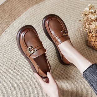 Genuine Leather Loaf Women's 2024 Spring New Flat Shoes Round Toe Plaid Easiest for Match Small Leather Shoes Slip-On Single Shoes for Women