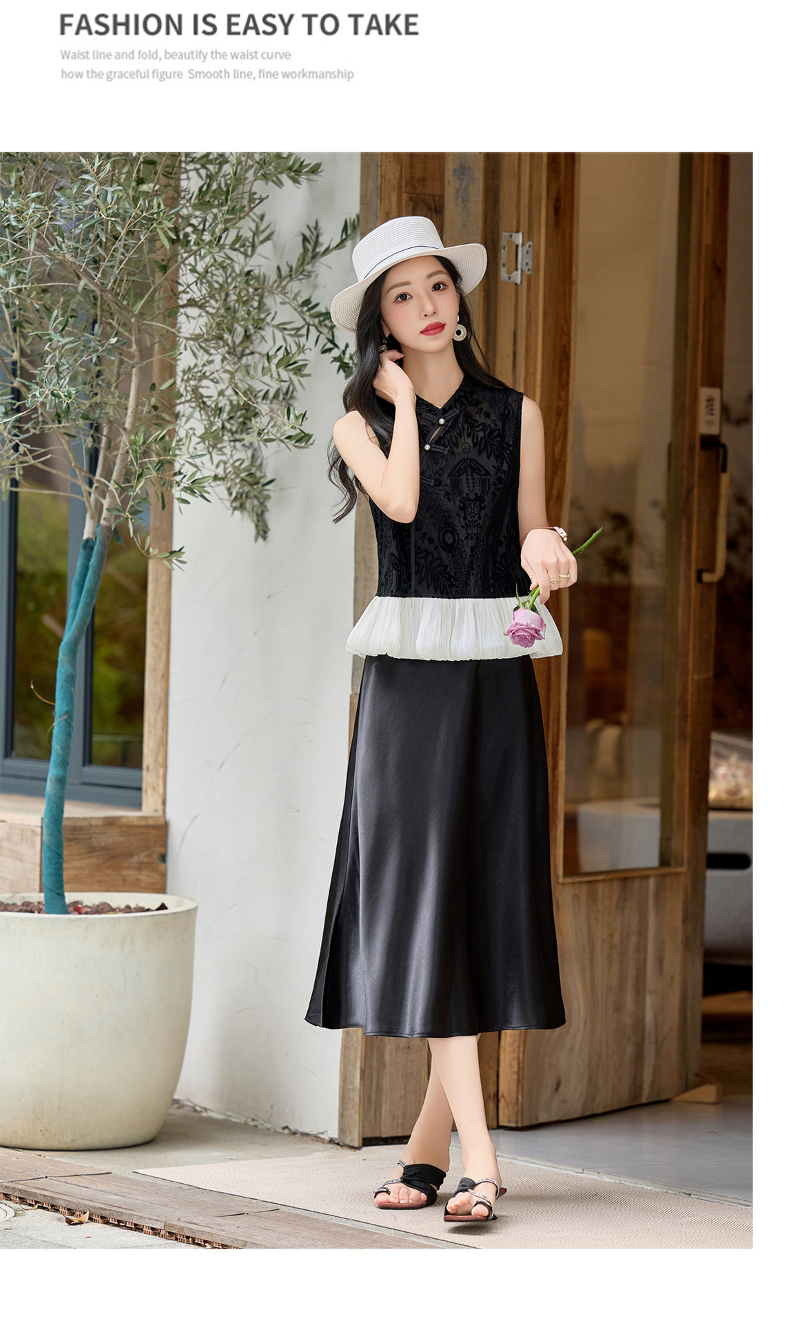 Bộ váy hai mảnh nữ tân cổ điển gồm áo gile và váy yếm hoa văn nổi — màu be, màu đen chi tiết 17