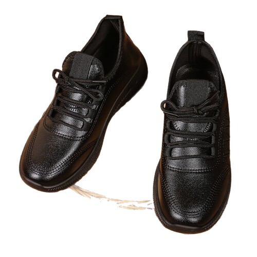 Leisure Women's Leather Waterproof Oil-Resistant Full Black Slip-Resistant Work Shoes for Women Running Shoes Lightweight Soft Sole Sports Shoes for Women