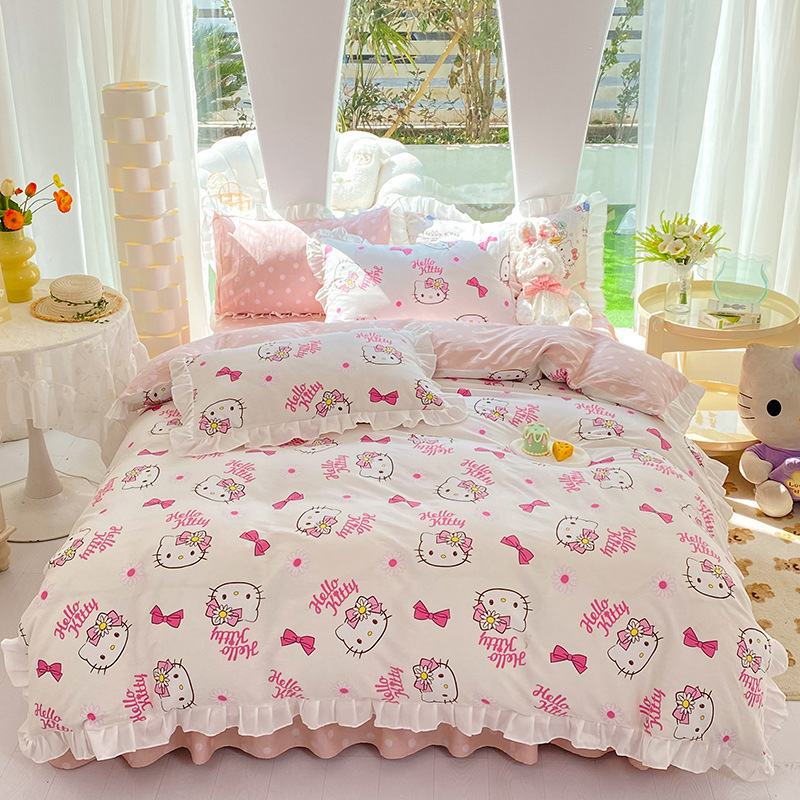 三丽鸥纯棉花边款四件套全棉公主风卡通HelloKitty床单被套床裙款|undefined