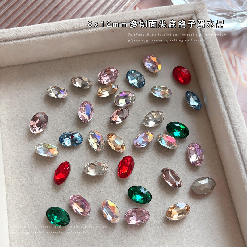 Taladro de manicura de huevo de paloma fino de alta calidad, lote completo de esmeralda de champán azul rosa brillante blanco brillante, joyería de uñas de fondo puntiagudo ovalado