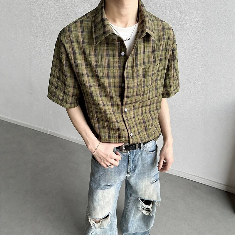 Loose-fitting plaid design, versatile, 2026 niche American style, casual jacket, short-sleeved shirt, men's clothing