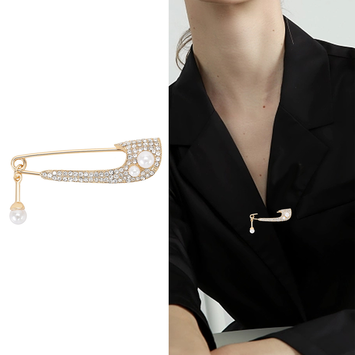 Cross-border Korean Style Distinctive Diamond Pin Full Diamond Pendant Pearl Brooch Simple Shirt Collar Pin Anti-light Buckle