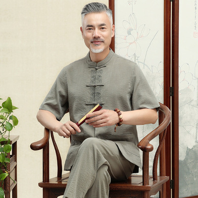 summer Thin section Middle and old age Tang costume Short sleeved Chinese style men's wear Chinese style Hanfu suit the elderly Summer wear dad
