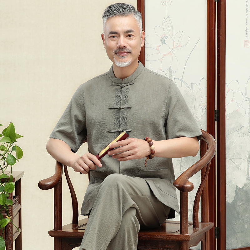 summer Thin section Middle and old age Tang costume Short sleeved Chinese style men's wear Chinese style Hanfu suit the elderly Summer wear dad