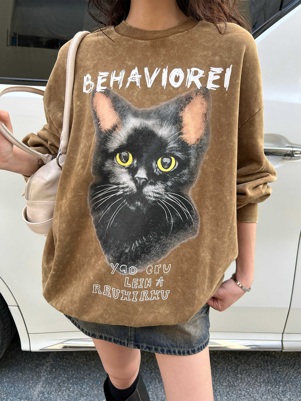 2025冬季水洗做旧猫咪印花上衣宽松圆领中长款时尚潮流卫衣85311|undefined