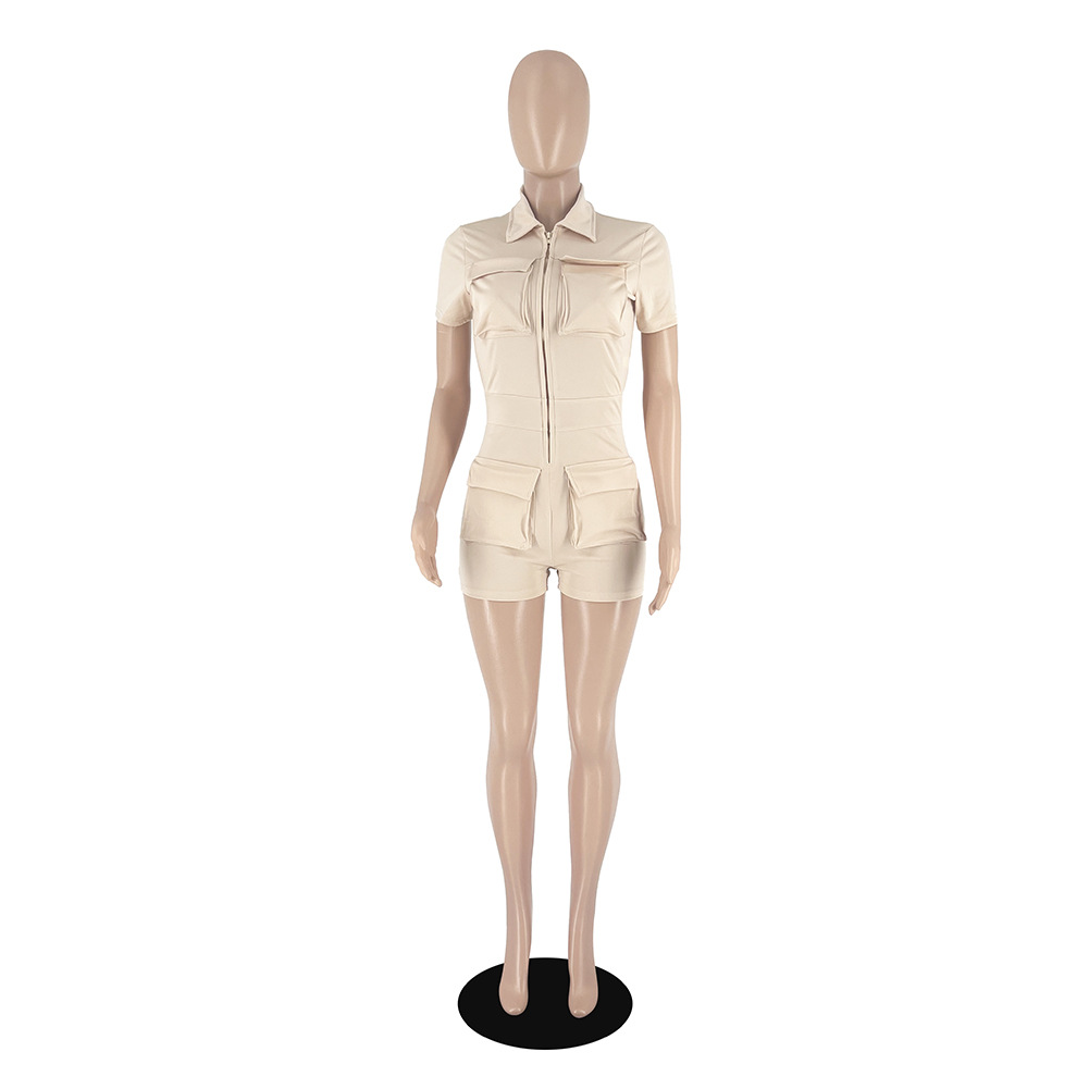 summer new zipper pocket solid color workwear jumpsuit_voghion.com