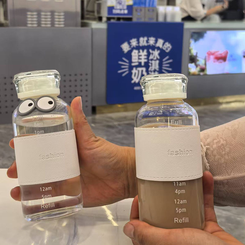 批发ins风水杯夏季高颜值时间刻度杯简约透明带盖玻璃水杯便携|undefined