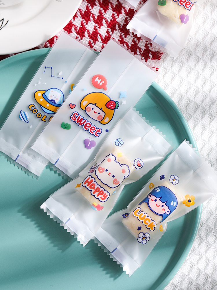 Bolsa de embalaje de nougat, embalaje de toffee, papel de azúcar, bolsas de pastel de leche de mango, sello de máquina transparente, bolsas pequeñas letras esmerizadas