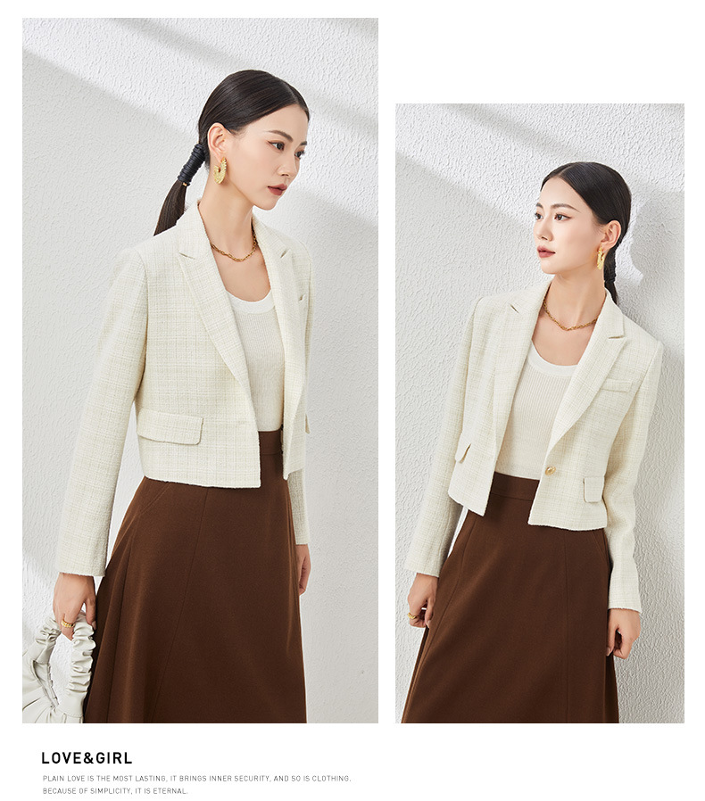 Áo blazer len ngắn nữ thiết kế độc đáo, phong cách mùa thu — Màu be chi tiết 12