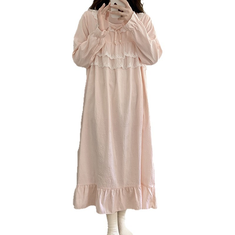 带胸垫睡裙女春秋季新款韩系甜美云朵棉长袖睡衣大码家居服可外穿|undefined