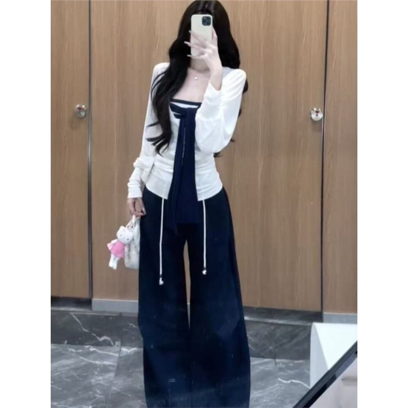 三件套女2025早秋辣妹v领薄款长袖罩衫条纹抹胸高腰显瘦休闲裤潮|undefined