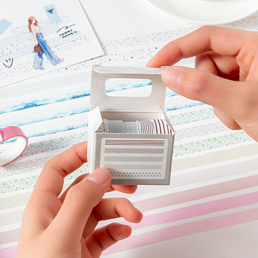 Caja de cinta de papel Feihe de tinta azul 5 enrollado 1cm de ancho bricolaje etiqueta decorativa rollo de cinta rasgada a mano con sal