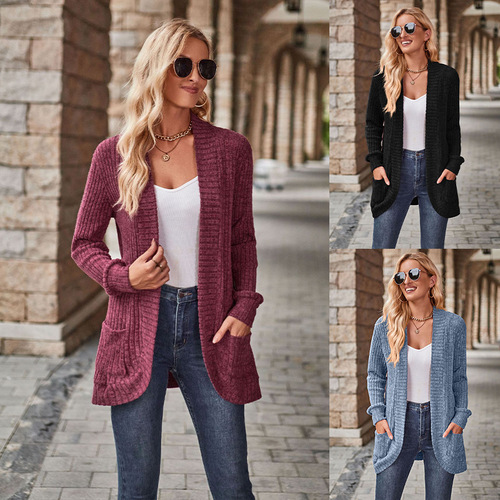 Long-sleeved cardigan coat—Amazon 2025 spring/autumn new solid-color ribbed brushed-mesh spliced long-sleeved coat wholesale