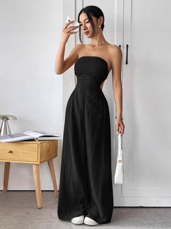 ヨーロッパとアメリカのクロスボーダーファッション気質カジュアル気質Lv服婦人服無地チューブトップウエストワイドレッグパンツ|undefined