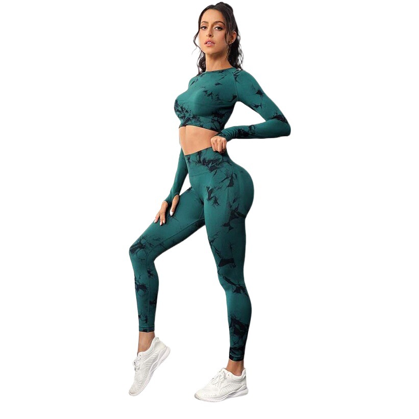 Traje de manga larga de yoga tie-dye europeo y americano para mujer cintura alta Levantamiento de cadera elástico tie-dye pantalones de yoga deportes correr ropa de entrenamiento