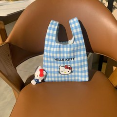 kt 刺繍ハンドバッグブルーチェック柄リストバッグ女の子小さな新鮮な雑貨バッグブルーチェック柄刺繍ハローキティバッグ