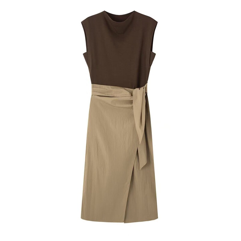 2026 Summer New Style Sleeveless Dress with Waist Tie and Splicing Long Skirt Fashionable Straight Skirt for Women 381837