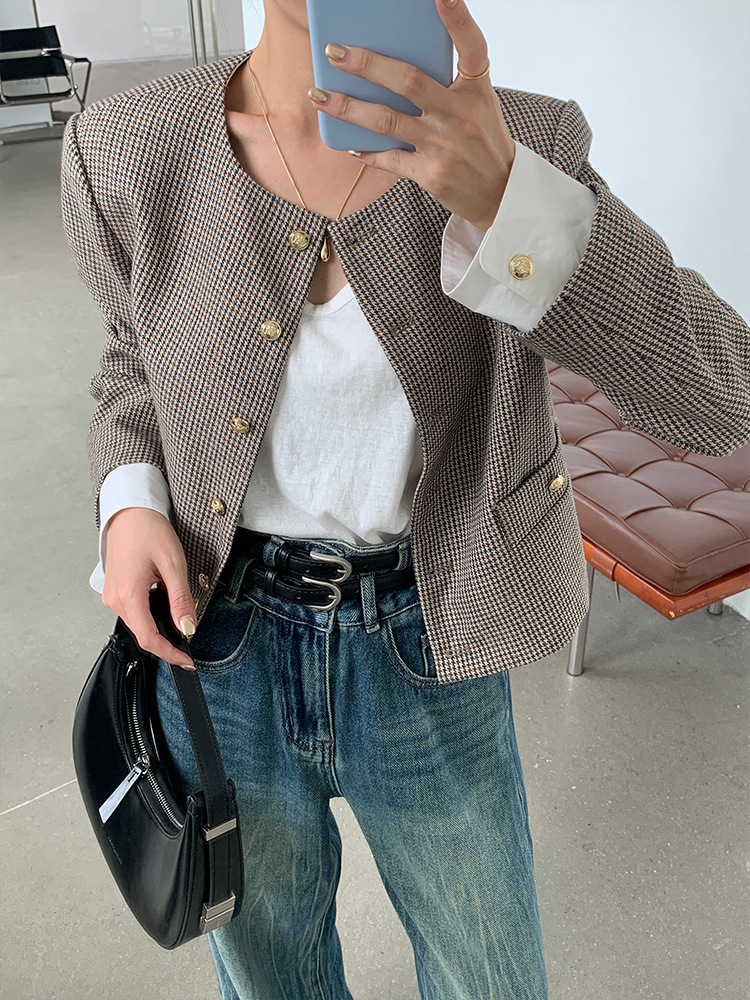 Honshan 2024 秋の女性のコントラストカラー千鳥格子トップウールブレンドラウンドネック気質ショートスーツジャケット