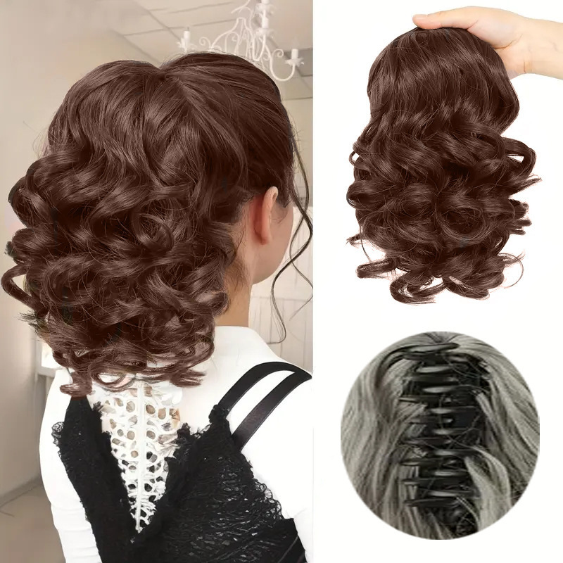 外国貿易女性用ウィッグクリップ、ショートローマンカーリーポニーテール、マルチカラー、ヘアスタイル変更、気質変更、大型クリップ、卸売|undefined
