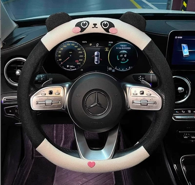 stitching car handle cover — Steering wheel cover - cotton-and-linen-embroidered-panda-steering-wheel-cover-38cm