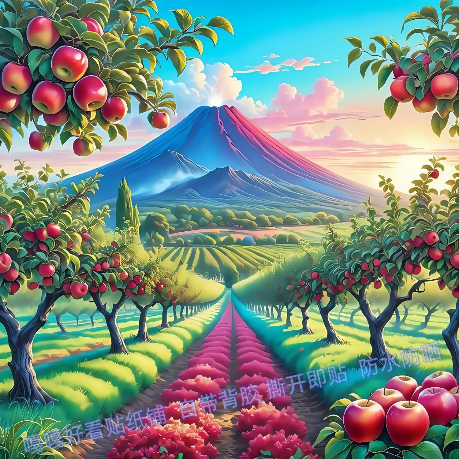 水果山水风景画苹果图案自粘贴画防水海报装饰冰箱门墙上门窗贴纸