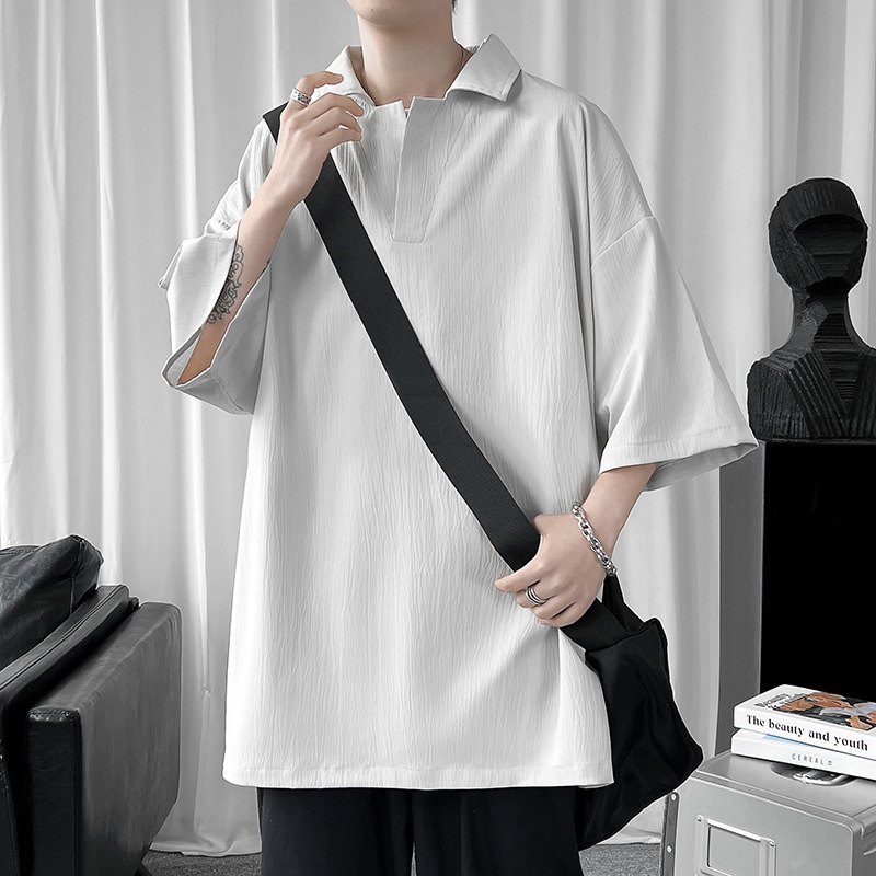 2023 new men's solid color lapel short sleeve T-shirt basic simple wind loose plus size casual youth T-shirt men